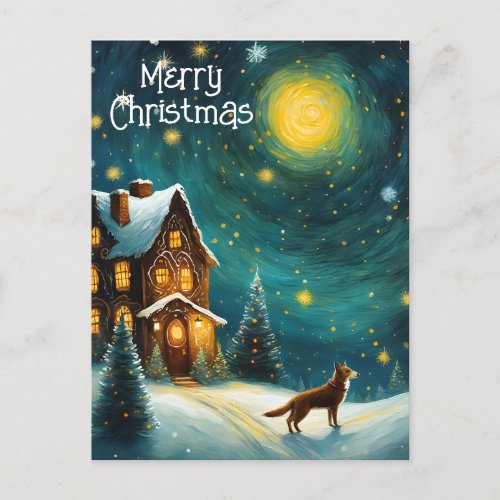 Christmas Cottage Dog Winter Night  Holiday Postcard