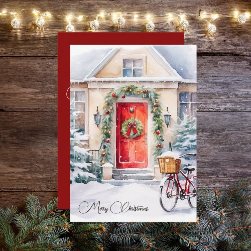 Christmas Cottage Red Door Holiday Card
