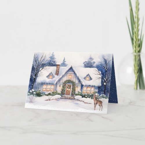 Christmas Cottage With Deer In Snowflakes Holiday Card