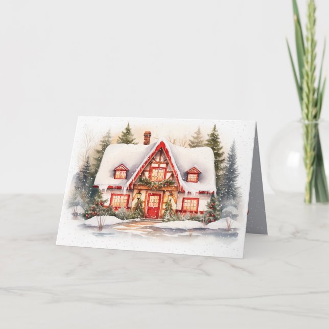 Christmas Cottage With Snowflakes Holiday Card (Front)