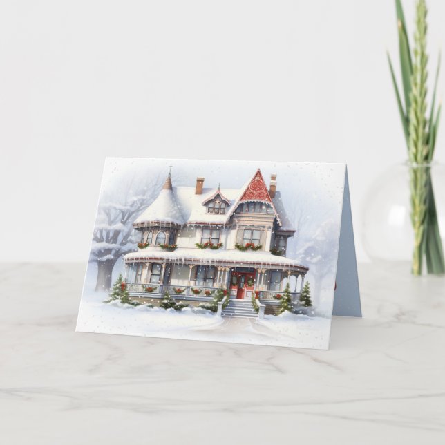 Christmas Cottage With Snowflakes Holiday Card (Front)