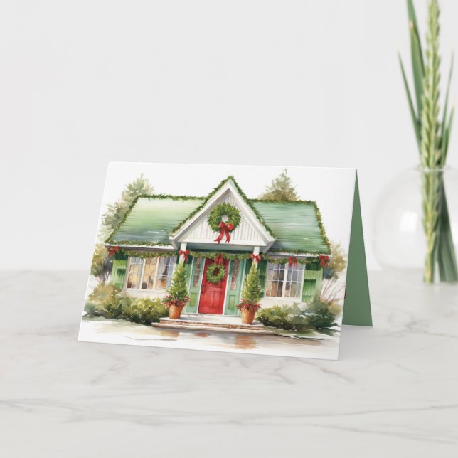 Christmas Cottage With Wreath Holiday Card (Front)