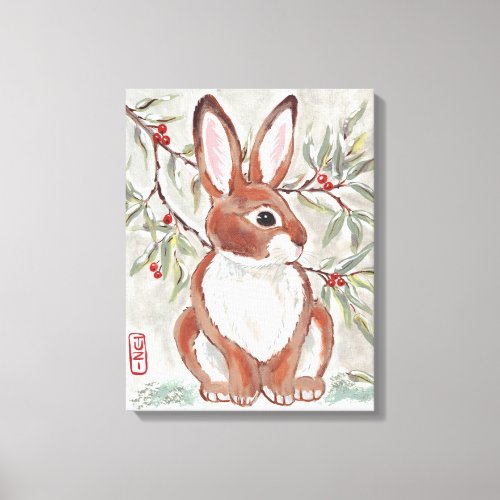 Christmas Cottontail Rabbit Berries Snow Art Canvas Print