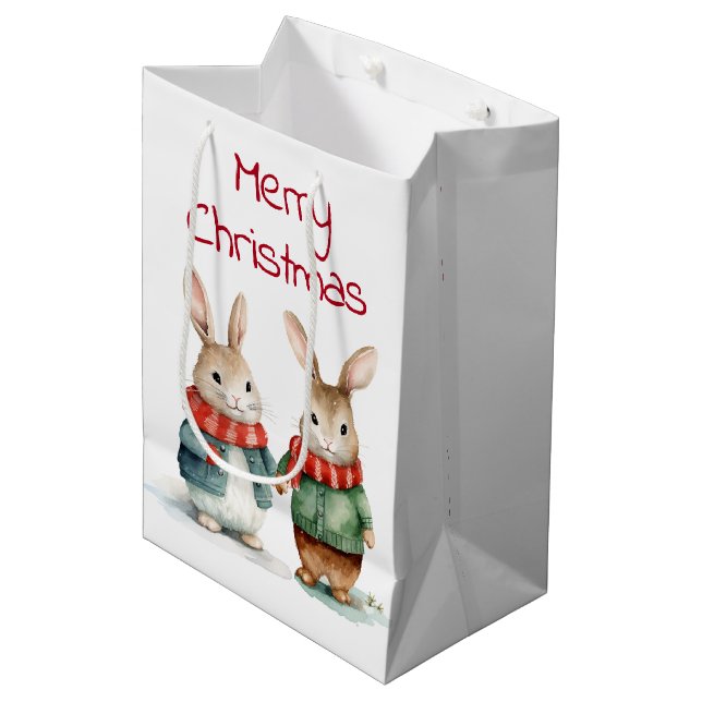 Christmas Cottontail Rabbit Couple Medium Gift Bag (Front Angled)
