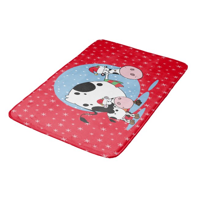 Christmas Country Cows With Santa Hats In Center Bath Mat (Angled)