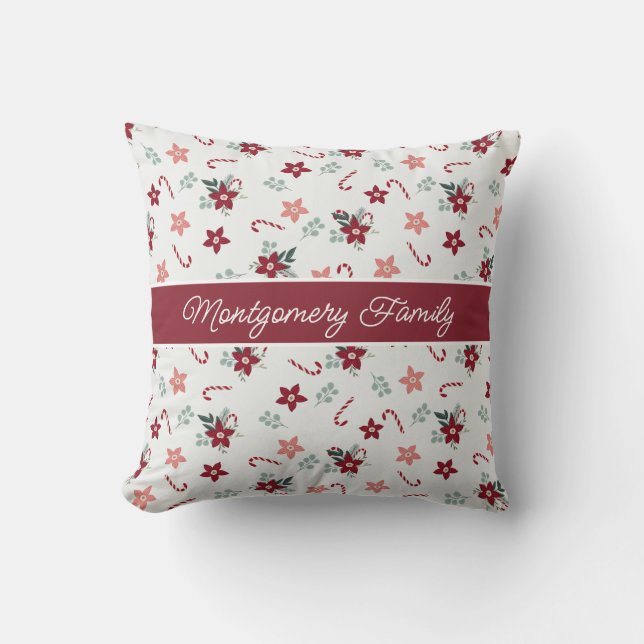 Christmas Country Floral Family Name  Throw Pillow (Front)