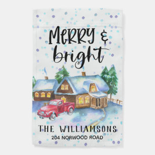 Christmas Country Home & Red Truck Family Name Garden Flag