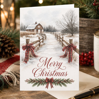 Christmas Country Scene Snowy Barn Merry Christmas Holiday Card