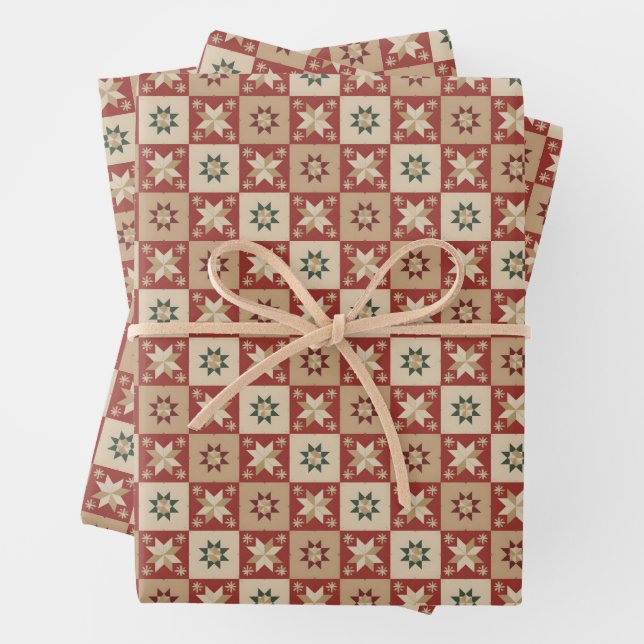 Christmas Country Star Quilt Blocks Wrapping Paper Sheets (In situ)