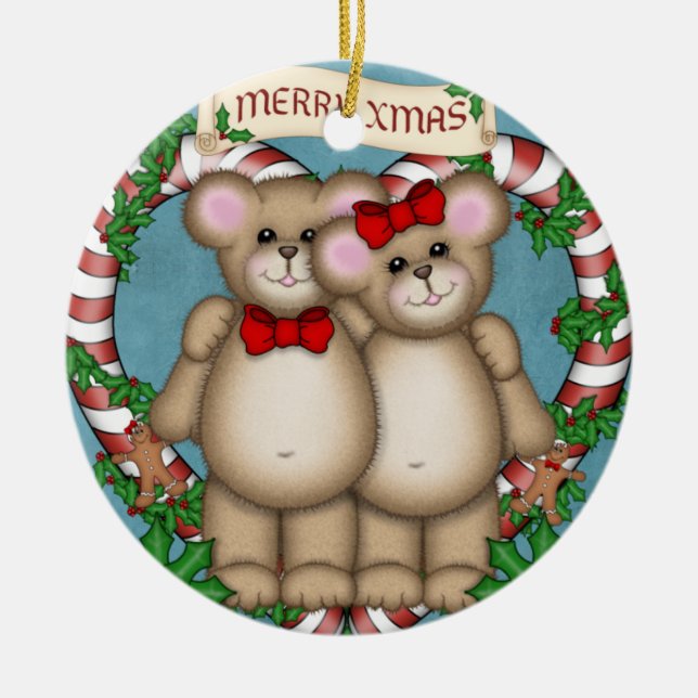 Christmas couple Bear Ceramic Ornament (Front)