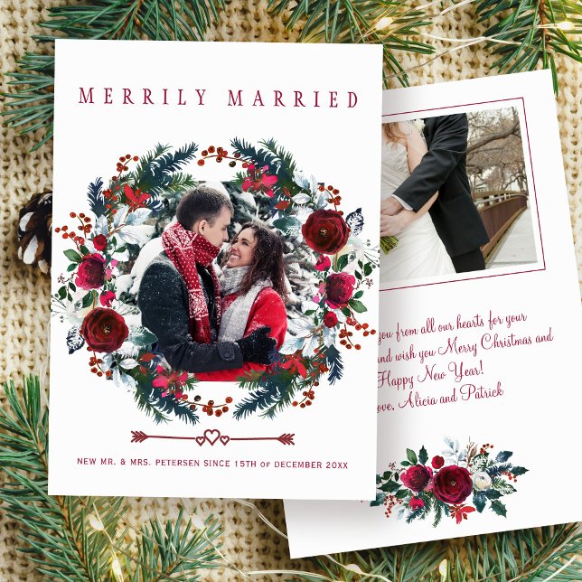 Christmas Couple Floral Merrily Married photo Holiday Card (Creator Uploaded)