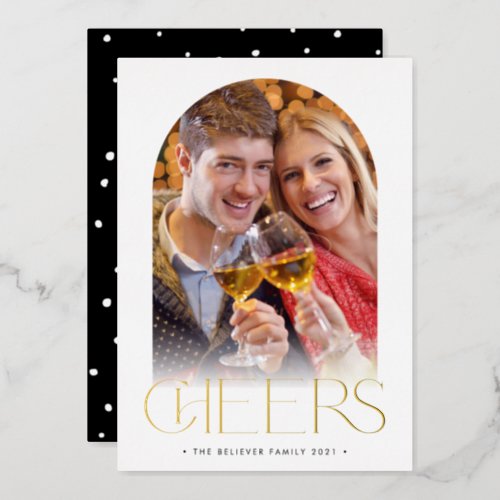 CHRISTMAS COUPLE modern arch photo CHEERS overlay Foil Invitation