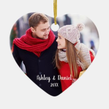 Christmas Couple Photo Red Heart Snowflake Back Ceramic Ornament by HappyMemoriesPaperCo at Zazzle