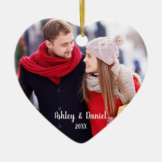 Christmas Couple Photo Red Heart Snowflake Back Ceramic Ornament (Front)