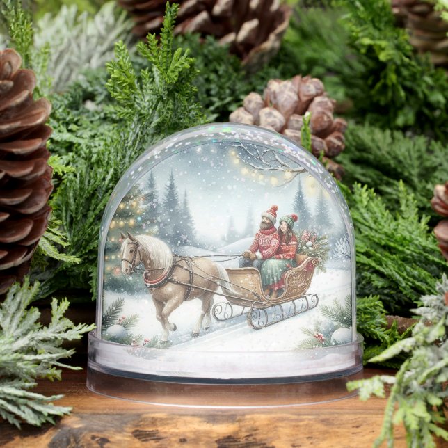  Christmas Couple Sleigh with Horse  Snow Globe (Winter)