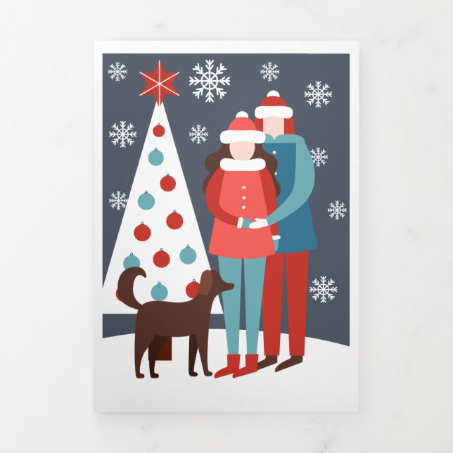 Christmas Couple With Dog And Tree Personalized Tri-Fold Holiday Card (Cover)
