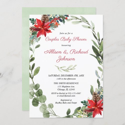 Christmas couples baby shower red greenery wreath invitation