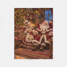 Christmas Cover – Santa and Mrs. Claus by the Fire Fleece Blanket