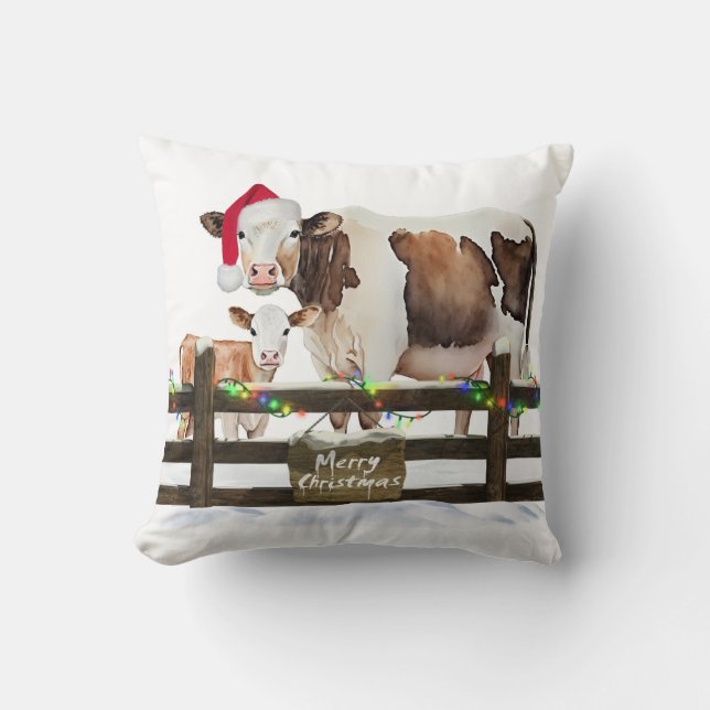 Christmas Cow and Calf In Snow Throw Pillow (Front)