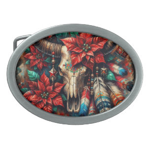Christmas Cow Bull Skull Poinsettias Feathers Belt Buckle