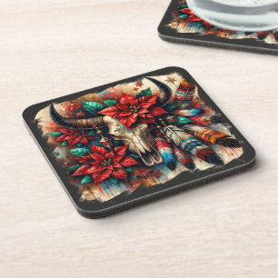 Christmas Cow Bull Skull Poinsettias Feathers Beverage Coaster