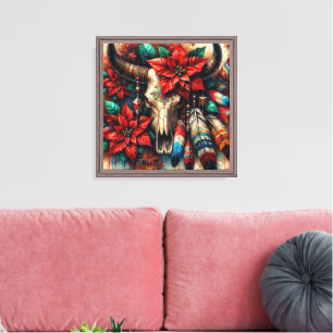 Christmas Cow Bull Skull Poinsettias Feathers Canvas Print