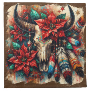 Christmas Cow Bull Skull Poinsettias Feathers Cloth Napkin