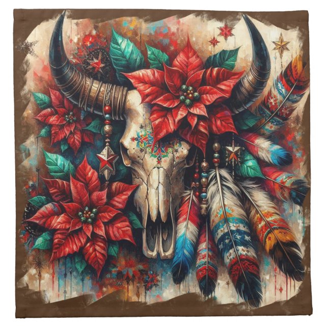Christmas Cow Bull Skull Poinsettias Feathers Cloth Napkin (Front)