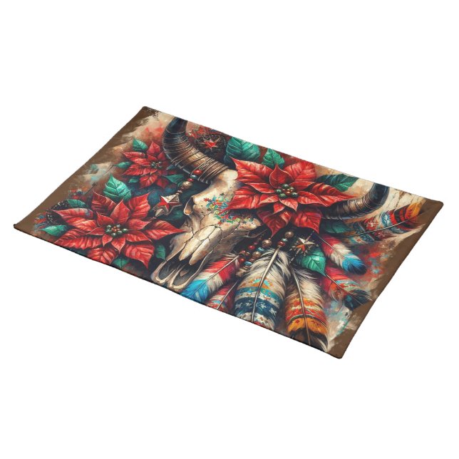 Christmas Cow Bull Skull Poinsettias Feathers Cloth Placemat (On Table)