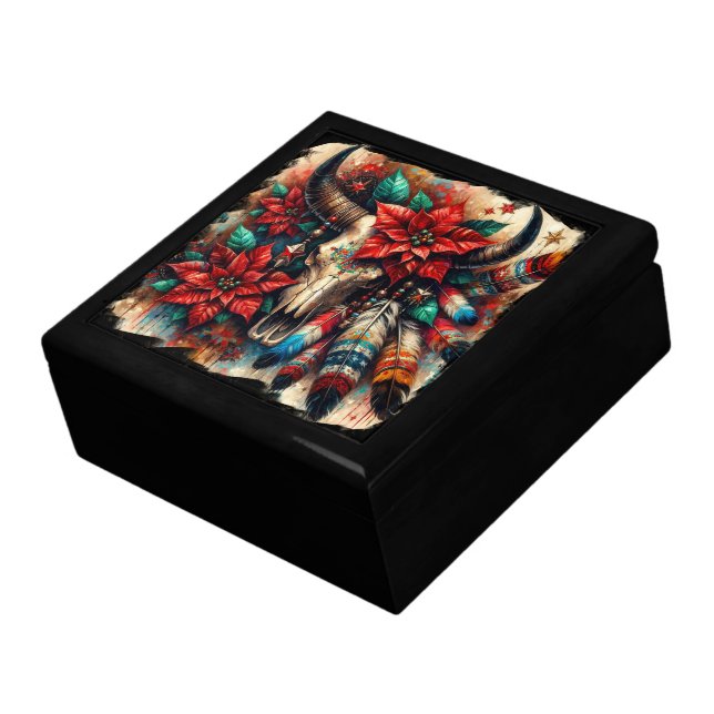 Christmas Cow Bull Skull Poinsettias Feathers Gift Box (Side)