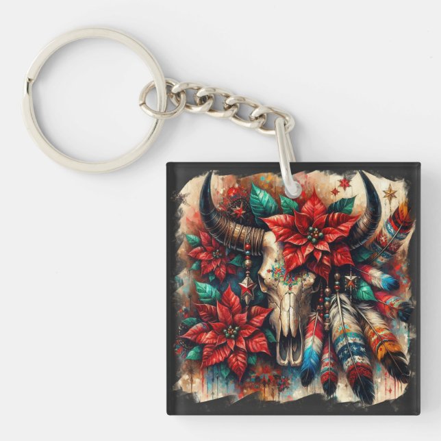Christmas Cow Bull Skull Poinsettias Feathers Keychain (Front)