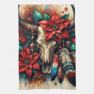 Christmas Cow Bull Skull Poinsettias Feathers Kitchen Towel