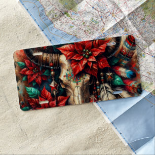 Christmas Cow Bull Skull Poinsettias Feathers License Plate