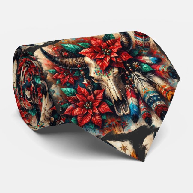 Christmas Cow Bull Skull Poinsettias Feathers Neck Tie (Rolled)