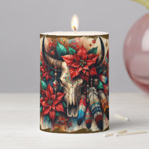 Christmas Cow Bull Skull Poinsettias Feathers Pillar Candle