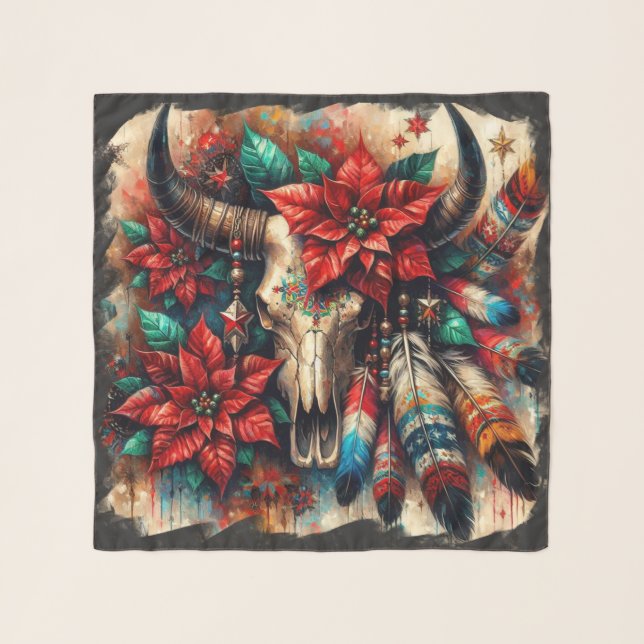 Christmas Cow Bull Skull Poinsettias Feathers Scarf (Front)