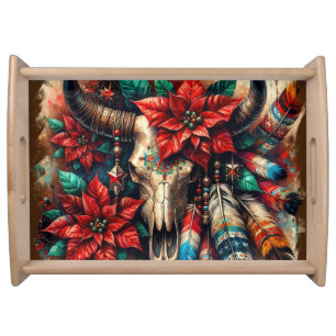 Christmas Cow Bull Skull Poinsettias Feathers Serving Tray