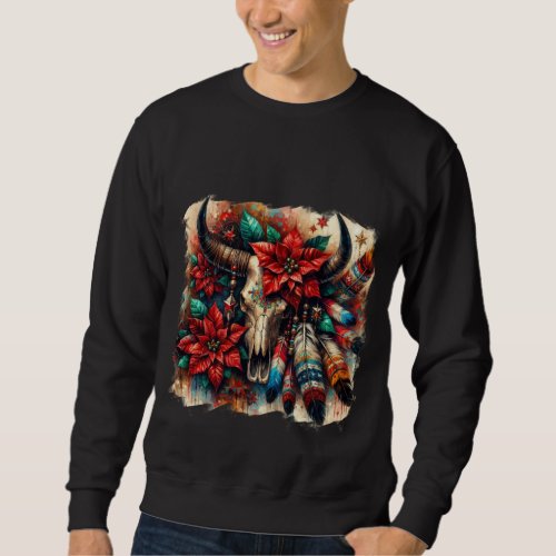 Christmas Cow Bull Skull Poinsettias Feathers Sweatshirt