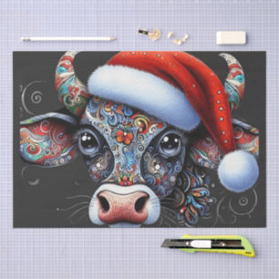Christmas Cow Bull w/Santa Hat Folk Art Decoupage Tissue Paper