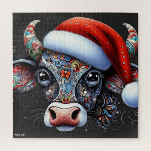Christmas Cow Bull w/Santa Hat Mexican Folk Art Jigsaw Puzzle