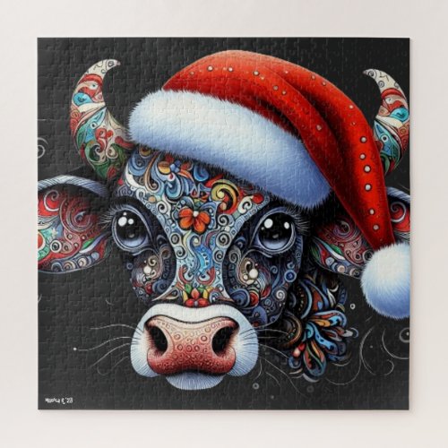 Christmas Cow Bull wSanta Hat Mexican Folk Art Jigsaw Puzzle