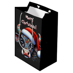 Christmas Cow Bull w/Santa Hat Mexican Folk Art Medium Gift Bag