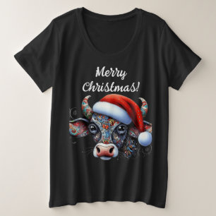 Christmas Cow Bull w/Santa Hat Mexican Folk Art Plus Size T-Shirt