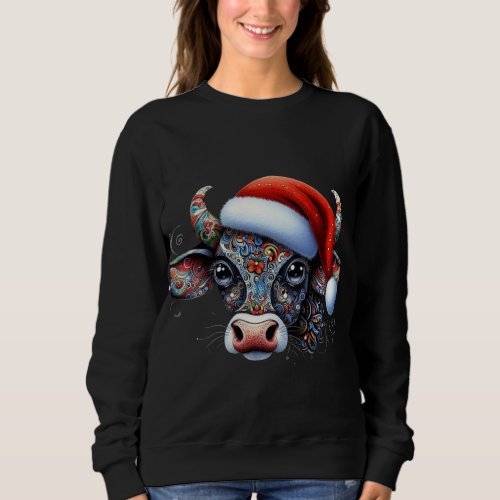 Christmas Cow Bull wSanta Hat Mexican Folk Art Sweatshirt