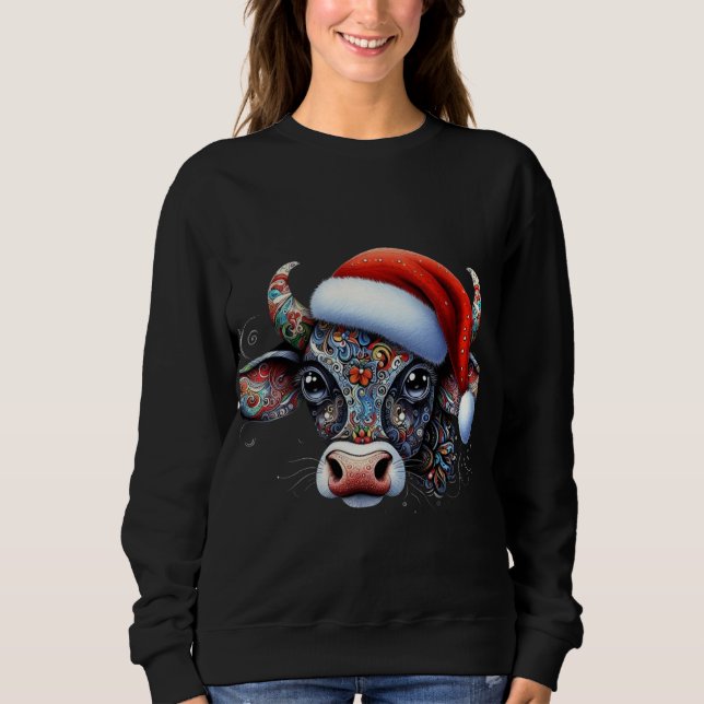 Christmas Cow Bull w/Santa Hat Mexican Folk Art Sweatshirt (Front)