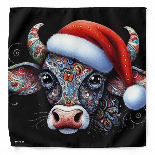 Christmas Cow Bull w/Santa Hat Mexican Folk Hat Bandana (Front)