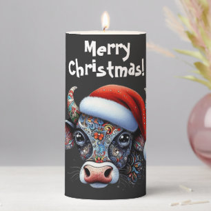 Christmas Cow Bull w/Santa Hat Red Floral Black Pillar Candle