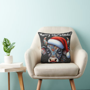 Christmas Cow Bull w/Santa Hat Red Floral Black Throw Pillow
