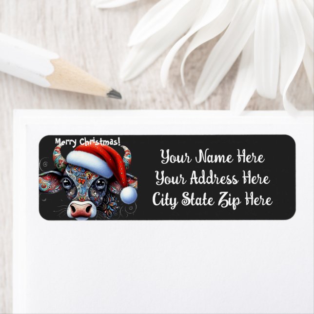 Christmas Cow Bull w/Santa Hat Return Address Label (Insitu)
