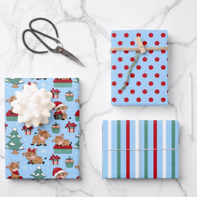 Christmas Cow Bull Wrapping Paper  Set of 3 (Front)